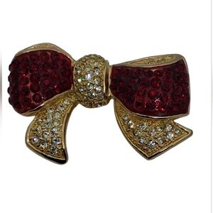 Vintage Roman Co. Red & White Rhinestone Christmas Bow Brooch